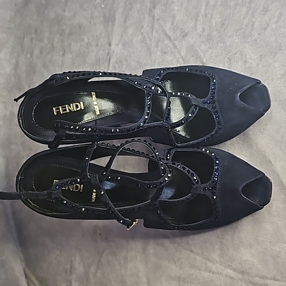 Fendi Dark Navy Crystal Blue Rhinestones Suede Leather Buckle Strappy Open Toe - Picture 6 of 9